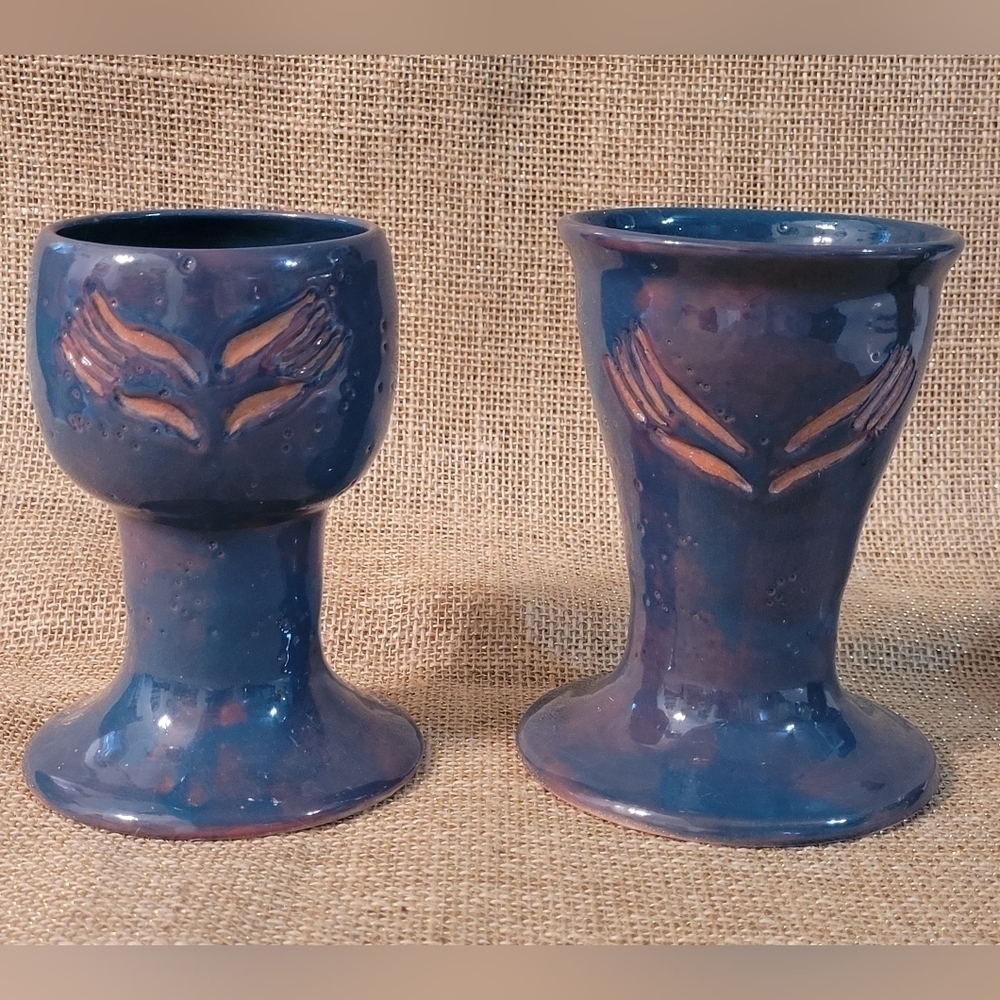 Art Pottery‎ Vase Set Of 2 Blue Glazed Terracotta ~ Great Gift Idea